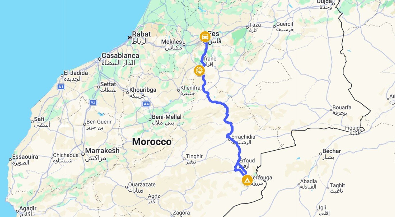 2 days tour fes to merzouga map