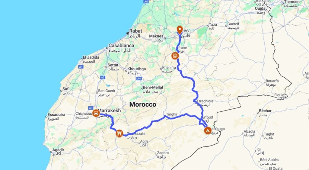 2 days tour marrakech to fes map
