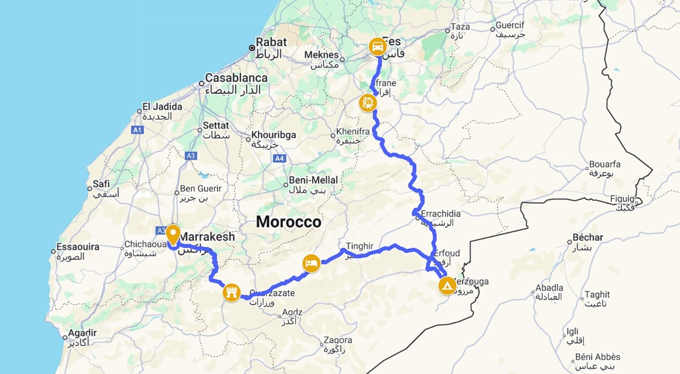3 days tour fes to marrakech map