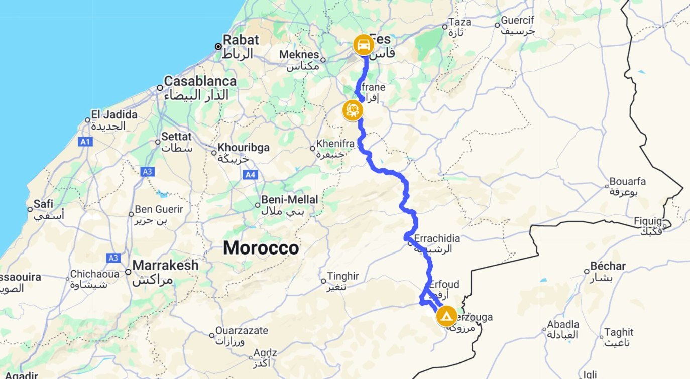 3 days tour fes to merzouga map