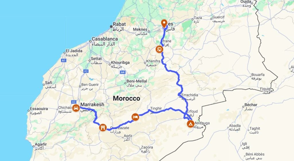 3 days tour marrakech to fes map