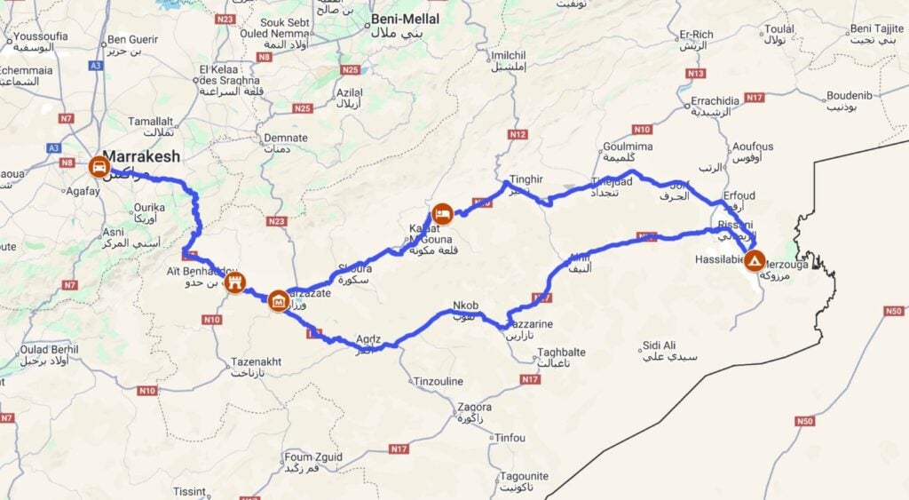 3 days tour marrakech to merzouga map