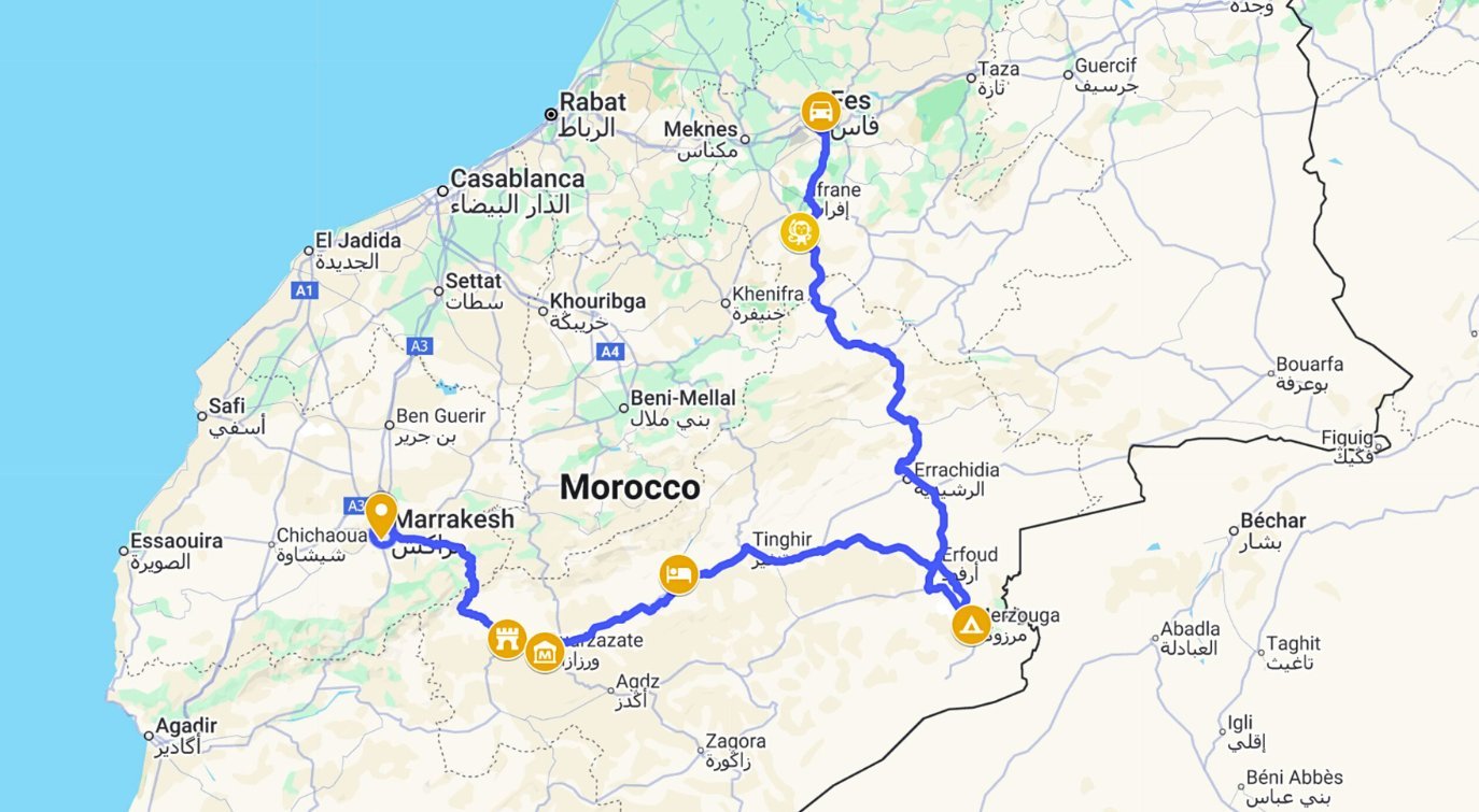 4 days tour fes to marrakech map