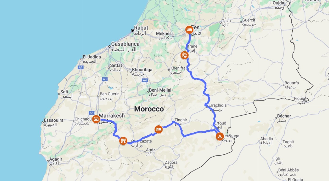 4 days tour marrakech to fes map