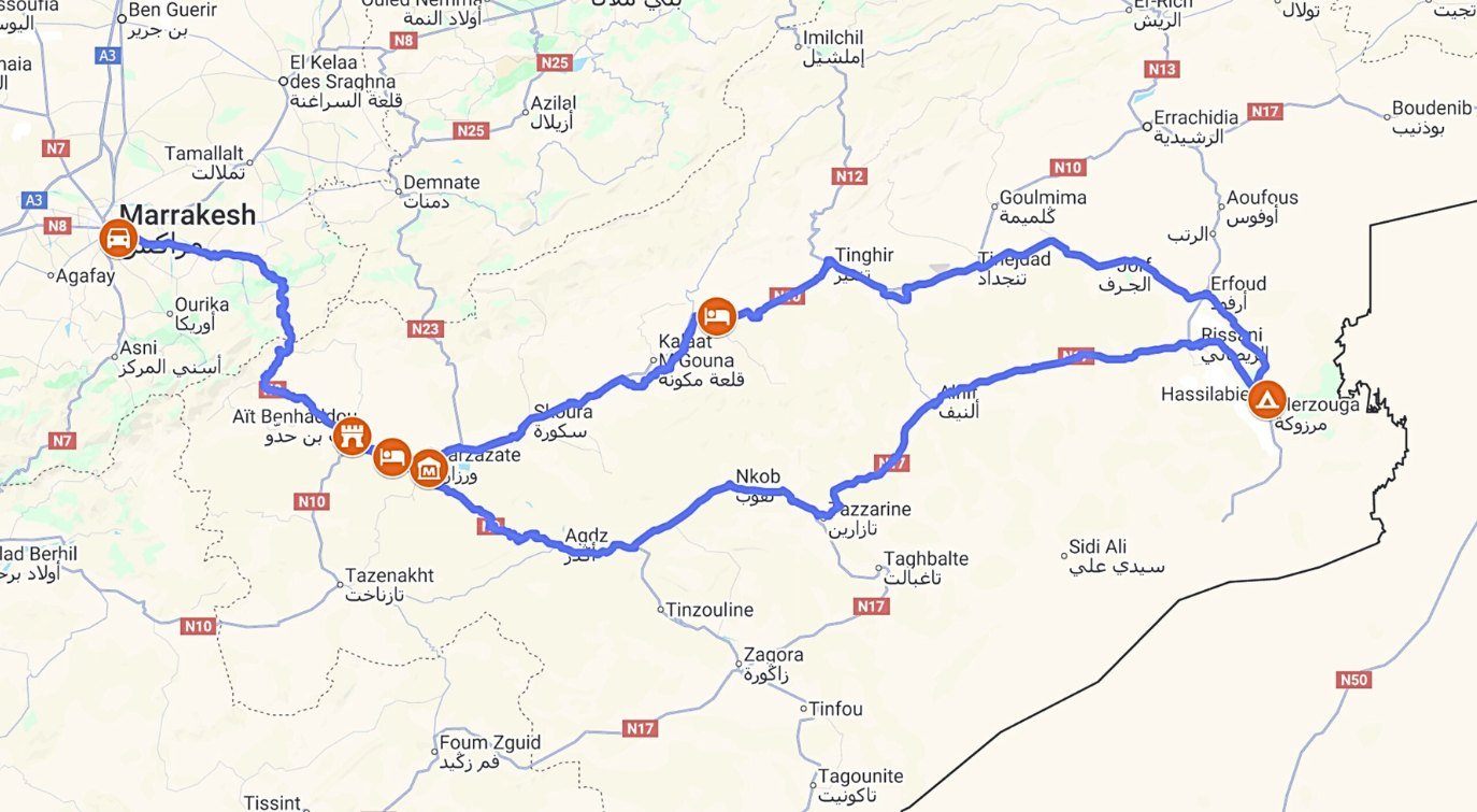 4 days tour marrakech to merzouga map