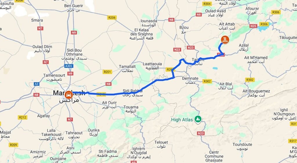 day trip to ouzoud waterfalls map